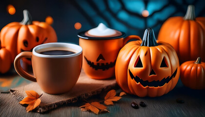Cozy autumn scene with Halloween pumpkins and steaming coffee cups, perfect for seasonal themes and festive gatherings.