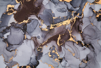 Obraz premium Soft waves of translucent color meet shimmering gold accents in abstract art, fluid shapes create a dynamic landscape. The liquid ink technique create depth and movement, both spontaneous and refined