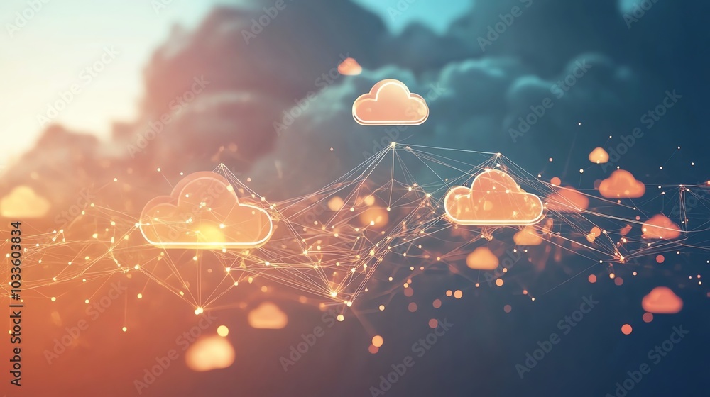 Poster a 3d illustration of cloud computing icons over a circuit board background.
