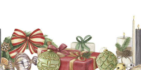 Christmas bottom seamless border of wrapped gift with candle and glass ornaments. Hand drawn watercolor winter holiday illustration. Isolated drawing for Xmas tradition card designs.