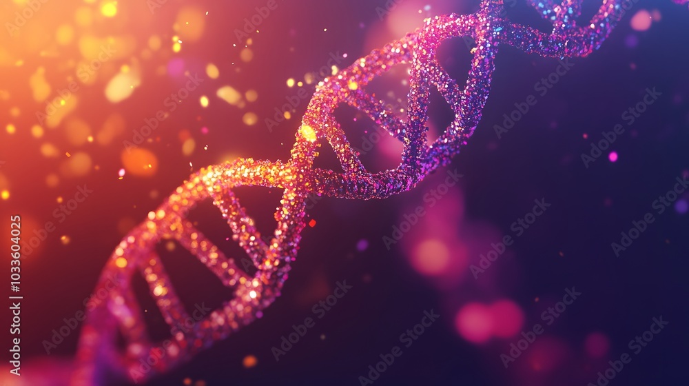 Poster glittering dna double helix with colorful bokeh background