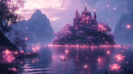 Floating pink castle amidst islands of glowing flowers, surrounded by holographic fireflies, Fantasy, Neon, Digital Art, vibrant colors, misty glow