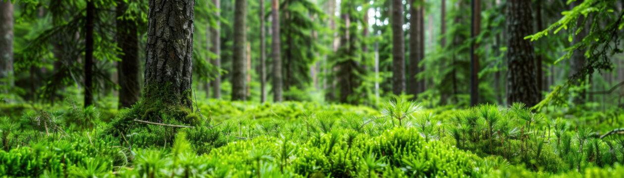 A lush green forest with a tree in the foreground