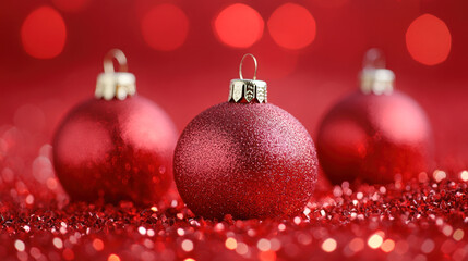 Fototapeta premium Three red ornaments are sitting on a red background