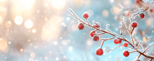 A branch covered in snow and red berries