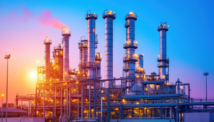Fototapeta premium A vibrant industrial landscape showcasing a refinery at sunset, with towering smokestacks and pipes emitting steam against a colorful sky.