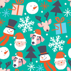 Vector seamless with elf and snowman, deer and dog, gift and Christmas tree