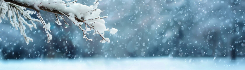 A snow covered tree branch with snow falling on it