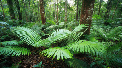 A lush green forest with a large tree in the foreground