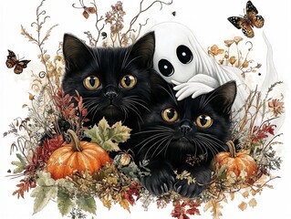 Whimsical illustration of two black cats with a friendly ghost surrounded by autumn leaves and pumpkins
