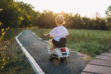 Little explorer, rear view of toddler girl ride electric scooter in the park