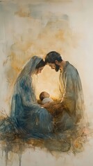  Tender, soft painting of Mary, Joseph, and baby Jesus, representing the holy family and the warmth of the nativity scene, symbolizing love, faith, and devotion. © Lamina