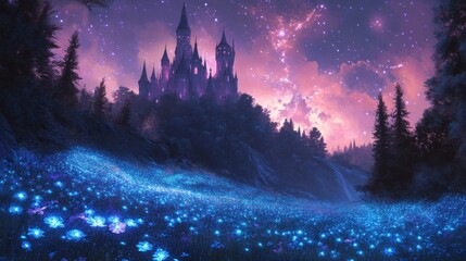 Naklejka premium A mystical pink castle surrounded by a forest of bioluminescent flowers, shimmering under a violet night sky filled with constellations