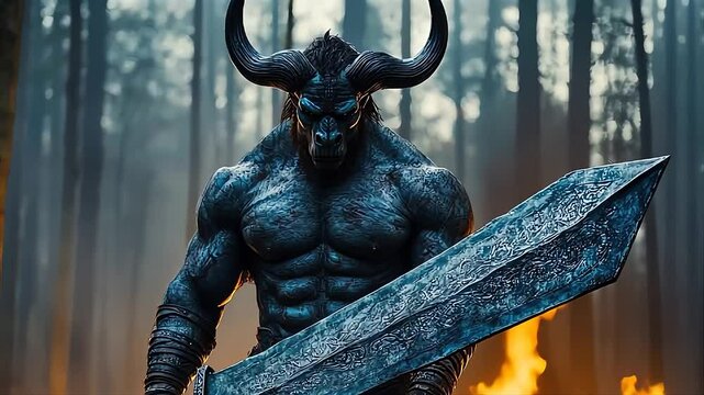 Fantasy mythological beast stands amidst flames in a dark forest wielding a massive sword under a dramatic backdrop of smoke and fire