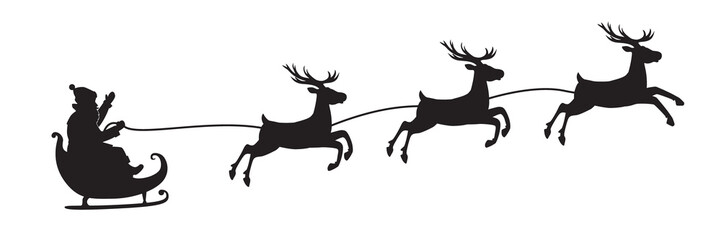 Black silhouette of Santa Claus flying in a sleigh on a reindeer sleigh. Illustration on transparent background © tiena
