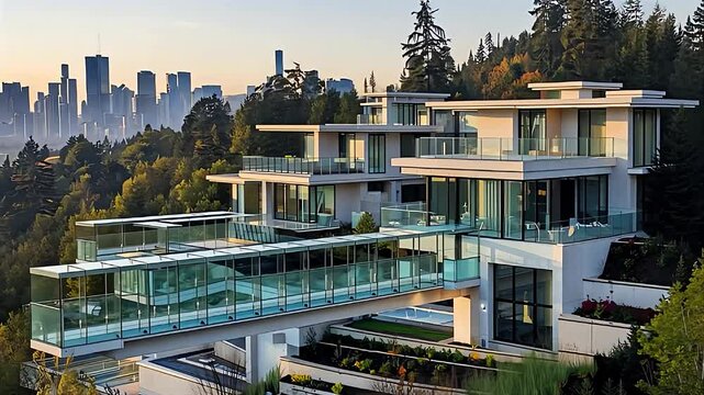 Modern luxury homes overlooking a vibrant city skyline at sunrise near the forests in Vancouver  stunning architectural design