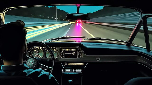 Inside view of a person driving car at night through highway dashboard