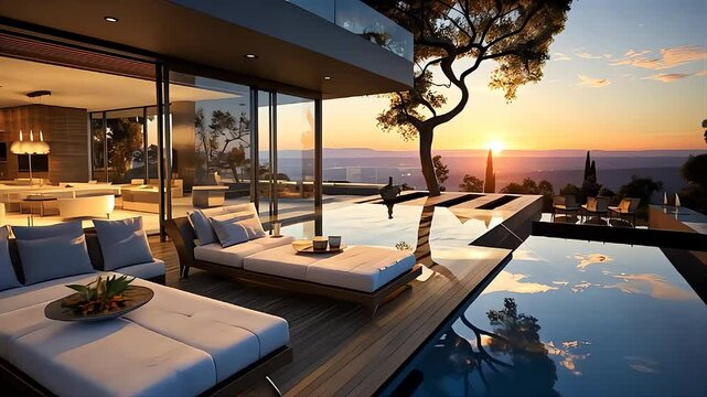 Luxury Modern villa at sunset infinity pool and panoramic mountain views tranquil outdoor setting