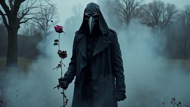 Mysterious figure in a dark cloak holding a rose stands in a foggy forest at dusk horror scary