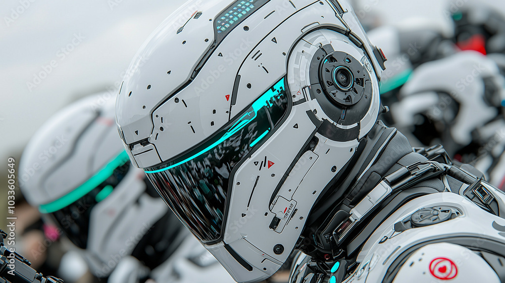 Poster futuristic robots with sleek white armor and glowing accents stand in formation, showcasing advanced