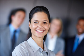 Office, attorney and businesswoman in portrait for corporate, professional career and ambition for justice. Workplace, female person and lawyer with pride for case, legal advice and smile in law firm