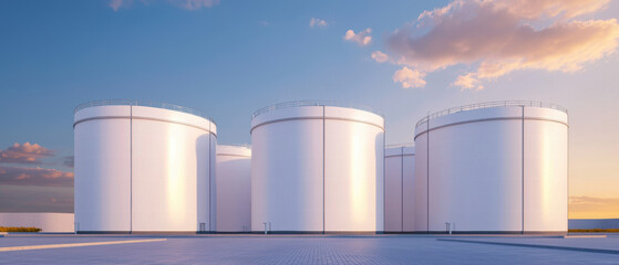 A modern industrial landscape featuring large white storage tanks against a picturesque sky at sunset.