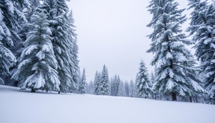 Obraz premium Snowy Landscape with Tall Evergreen Trees