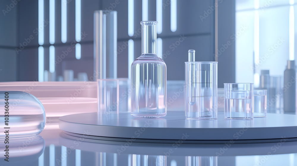Poster glassware display with clear liquid on a circular platform