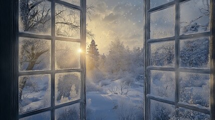 Winter wonderland seen through a frosty window, capturing snow-covered trees and icy landscapes with soft snowflakes falling outside, creating a cozy and tranquil atmosphere perfect for holiday and se