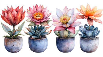 Set of Tropical Flowers Including Cardamom, Lotus, Lily, Tillandsia on a White Background