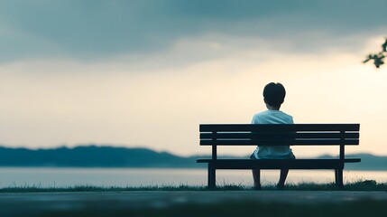 Obraz premium A sad Asian boy in 3D style, slouched posture, white shirt, sitting on a park bench under a grey sky, Emotional, Concept for Depression, Muted Color Palette