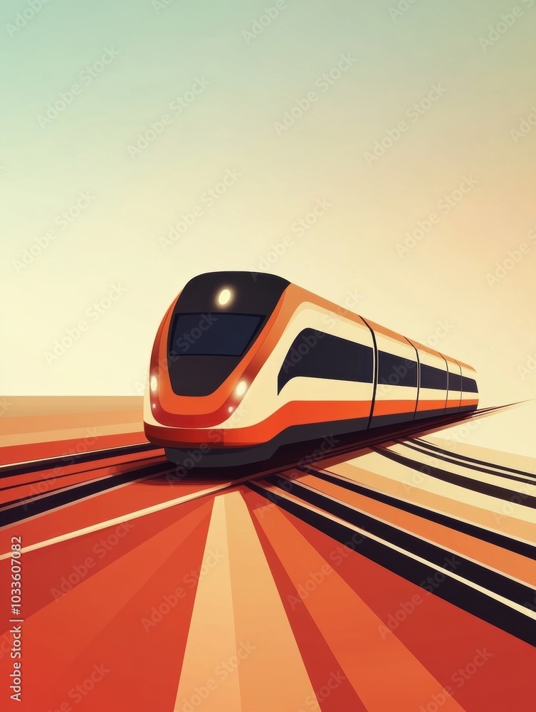 Poster A streamlined train icon travels smoothly along radiant tracks amidst a warm and colorful sunset backdrop, creating a serene scene. Generative AI