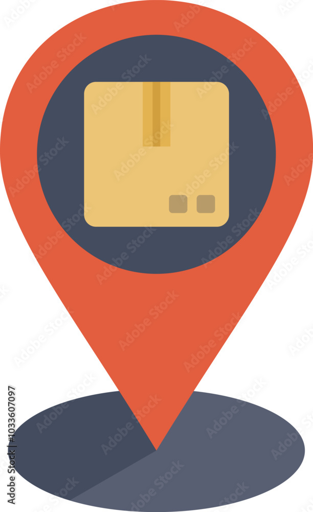 Poster location pin is marking a spot on a map with a cardboard box inside representing online order delive