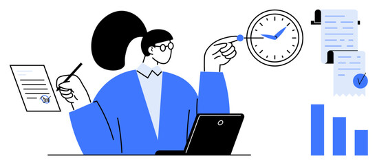 A professional wearing glasses works at a desk with a laptop, pointing at a clock. Documents, charts, and a checklist are also visible. Ideal for productivity, time management, office work