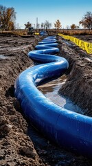  Series of massive blue PVC water pipes curve gently as they disappear into trench dug into the earth.