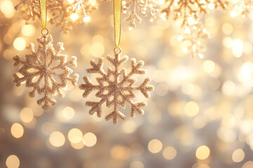 Winter Background with Golden Snowflakes and Bokeh, Abstract  Festive minimal background.