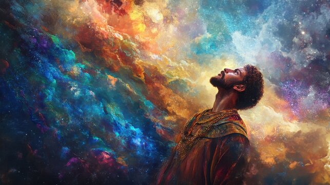 Joseph, in Egypt, interpreting dreams after rising from slavery. His coat of many colors represents forgiveness and perseverance. Copy space for hope and divine providence.
