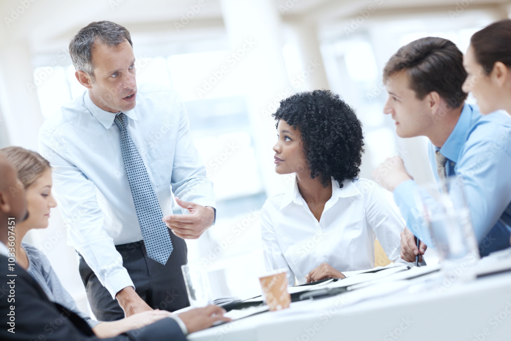 Poster Businessman, documents and discussion with team for meeting, corporate plan or project at office. Man, executive or speaker talking to group of employees for business improvement or development