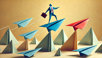 Origami businessman flying confidently on a red paper airplane leading a fleet of blue planes professional leadership innovation success bold new path folded paper style business concept