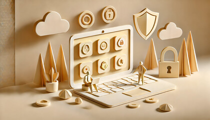 Origami Style Digital Security Setup with Laptop and Business Figures in a Colorful Professional Environment Featuring Security Icons and Technology Elements