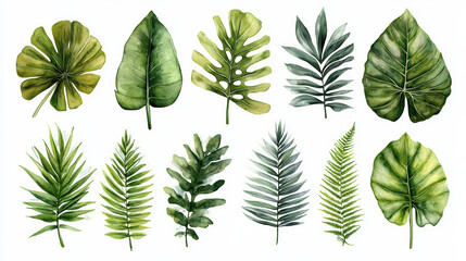 Lush Set of Tropical Plants - Palm Leaves, Fern, Green Leaves in Vibrant Greenery Environment