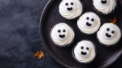 Halloween-themed cupcakes topped with spooky ghost faces made of marshmallow fluff, presented on a dark platter, photographed from above for a dramatic effect.