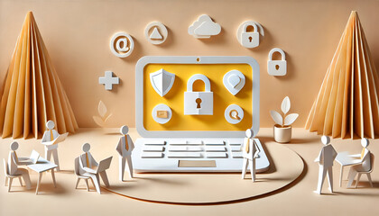 Origami Style Digital Security Setup with Laptop and Business Figures in a Colorful Professional Environment Featuring Security Icons and Technology Elements