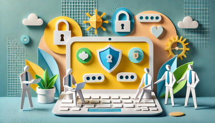 Origami Style Digital Security Setup with Laptop and Business Figures in a Colorful Professional Environment Featuring Security Icons and Technology Elements