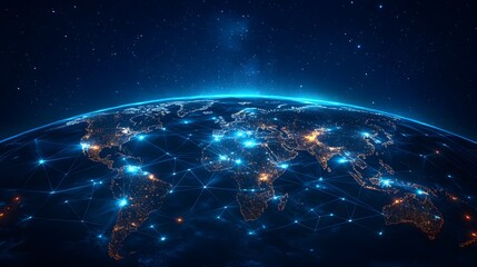 Obraz premium A sprawling city skyline under a starry night, bright neon connections crisscross over a digital world map overlay, signifying global tech networking