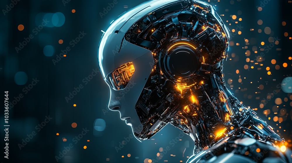 Poster a futuristic robot head with glowing circuitry, showcasing advanced technology and design.