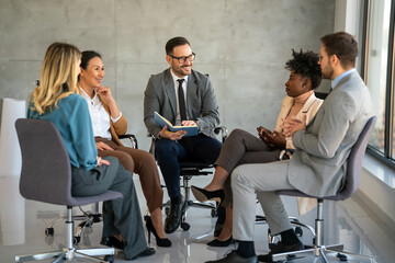 Support with group, therapy and mental health with help, people together talking about problem