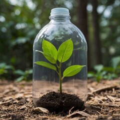 A plant in the plastic bottle in the forest