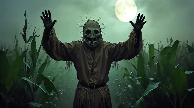 A sinister figure in a scarecrow costume approaches through a dark cornfield under a full moon at night horror scary