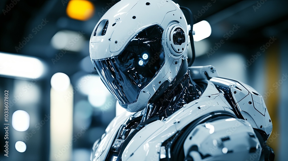 Poster a futuristic humanoid robot with a sleek design and illuminated features.